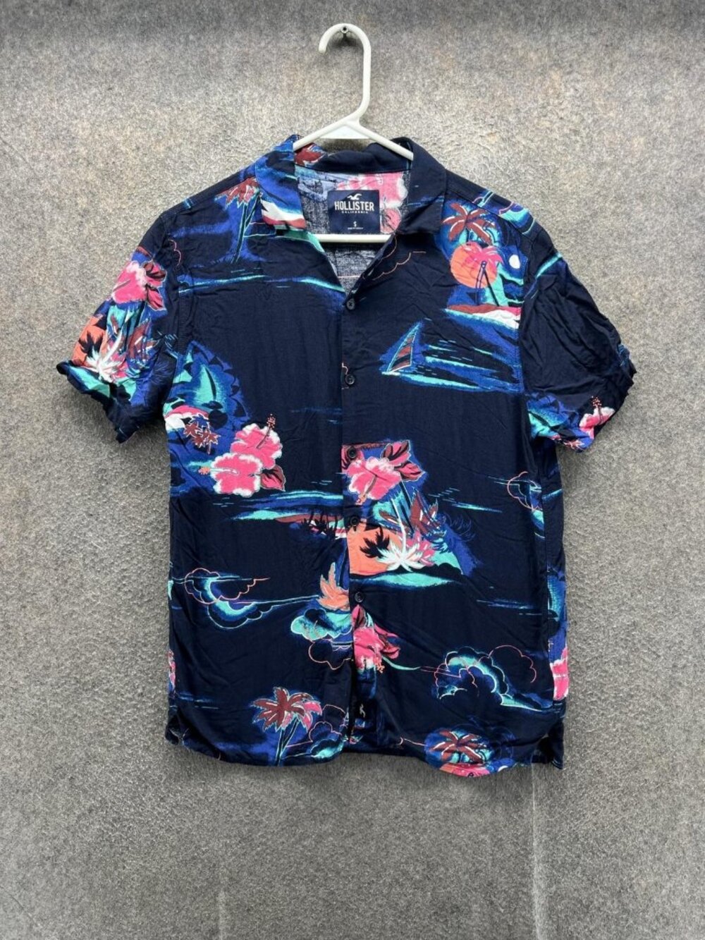 Hollister Shirt Men Small Blue Tropical Floral Short Sleeve Button Up Casual
